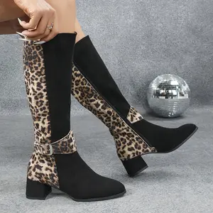 Women's Chunky Mid-Heel Leopard Print Patchwork Knight Boots - Pointed Toe Winter Zipper Boots with TPU Sole, Black & Tan Upper for Casual & Formal Outfits, Cowgirl Boots, Stylish Outfit Accessories