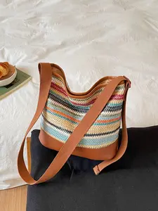 Women's Rainbow Striped Straw Bucket Bag, 2026 New Bohemian Weave Tote, Colorful Stripes Lightweight Shoulder Bag, Casual Beach Handbag