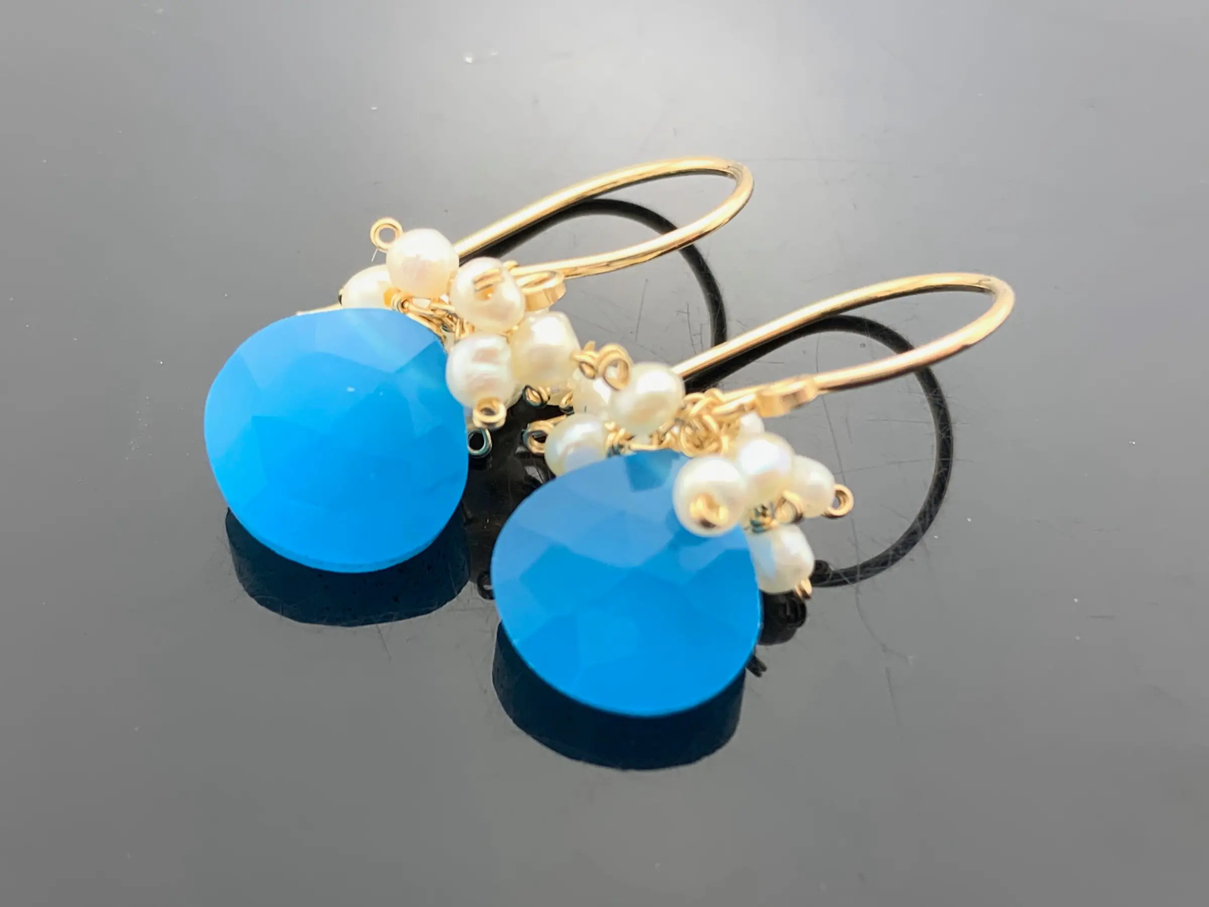 Blue Chalcedony & Freshwater Pearl Cluster Earrings · 14K Gold Filled or Sterling Silver · Elegant Gift Jewelry for Her