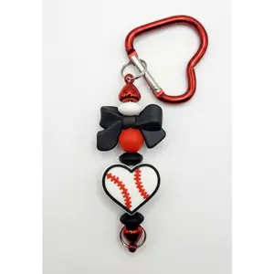 Game Day Style: Heart Baseball Keychain with Black Silicone Bow and Metallic Red Heart Clip