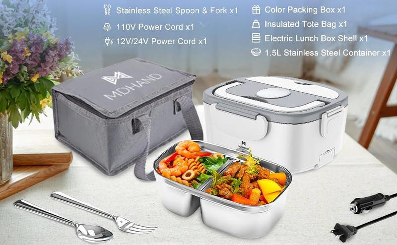 Electric Lunch Box, 65W Portable Food Heater for Adults, Fast Heating Food Warmer for Car Truck Home Office 110V/12V/24V with 1.5L 304 Stainless Steel Container, Fork Spoon and Bag, Tableware Electric Lunch Box, 65W Portable Food Heater for Adults, Fast Heating Food Warmer for Car Truck Home Office 110V/12V/24V with 1.5L 304 Stainless Steel Container, Fork Spoon and Bag, Tableware