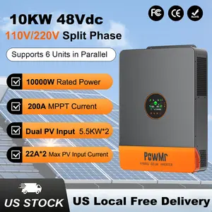 PowMr 10000W Hybrid Solar Inverter, 48V to 120/240Vac, Split-Phase, 60Hz, Pure Sine Wave, w/ 200A MPPT Controller, Max PV Input 11KW, 500VDC, 48V Lead Acid, Li battery, Batteryless Run【Up to 6 Units Parallel】