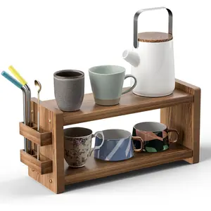 Coffee and Matcha Station Organizer for Home Kitchen Office Countertop - 2 Tier Solid Wooden Shelf Organizer with Straw Holder for Matcha, Pods, Sugar, Tea, Cups, Stirrers, Mugs Storage