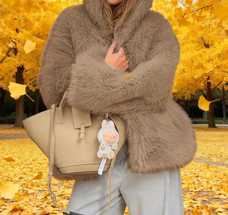 Casual Women’s Faux Fur Hooded Jacket, Short Style, Suitable for Autumn and Winter, Medium Fabric Thickness, Slim Fit, Women’s Coats, Long Sleeve, Open Front Blazer, Gwendolyn Trenchcoat, Oversized Ribbed Batwing Tunic Sweater, Trench Coats
