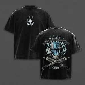 Halo ODST Helljumpers Sci Fi Game T Shirt Retro Washed Black Cotton Inspired Print Short Sleeve Crewneck Casual Oversized Streetwear Top for Adults