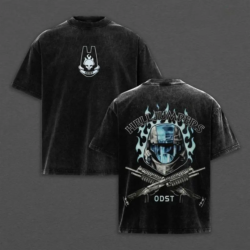 Halo ODST Helljumpers Sci Fi Game T Shirt Retro Washed Black Cotton Inspired Print Short Sleeve Crewneck Casual Oversized Streetwear Top for Adults