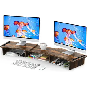 Dual Monitor Stand Riser, with Adjustable Length and Angle, Wood for Desk, Riser 2 Monitors Storage Space (Rust Brown Large)