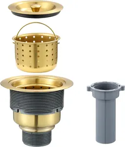 3-1/2 inch Sink Drain Assembly with Removable Deep Strainer Basket, Sealing Stopper Plug and Tailpiece, 304 Stainless Drain with Extended Threads for Thicker Sinks, Gold