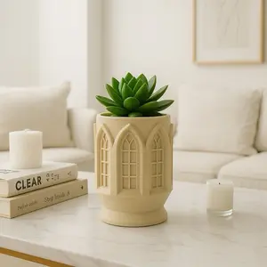 Gothic Cathedral Window 3D Printed Planter – Architectural Neutral Pot for Succulents & Small Plants