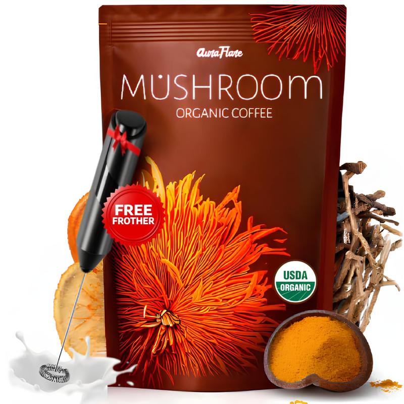 AuraFlare Organic Mushroom Coffee with 7 Adaptogens | USDA Organic Instant Coffee for Energy, Focus, Digestion, Immunity | Cordyceps, Reishi, Lion’s Mane | 30 Servings (1 Pack) + FREE FROTHER