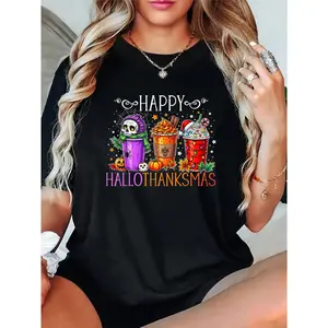 100% Cotton Unisex 2025 Happy Halloween Thanksgiving Christmas Hallothanksmas T-Shirt– Cute & Comfy, Casual Everyday Look, Perfect Him for Her