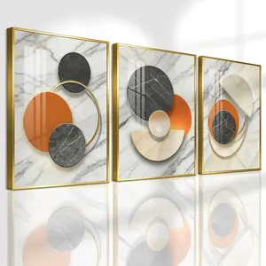 3 Count Aluminum Alloy Frame Canvas, Fashion Poster Geometric Marble Circle Art, Modern Living Room Decoration, Light Luxury Family Art, Suitable For Bedroom, Corridor And Office Wall Decor, Gift