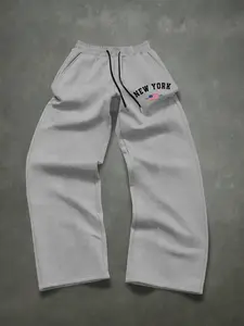 American Casual Wide Leg Sweatpants, New York Identifier & American Flag Element, Retro Style Drawstring, Fitted, Spring & Fall