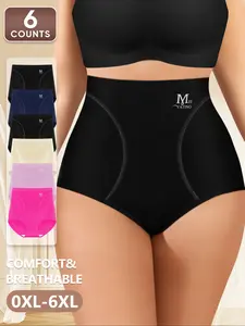 6 Pack 0XL-6XL Plus Size Women's High-Waisted Ice Silk Seamless Underwear, Comfortable Shaping Fit Triangle Panties, Plus Size, All Seasons, Plain Pattern