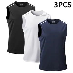 Men’s 3-Piece Tank Top Set – Breathable, Quick-Dry Sleeveless Shirt, Suitable for Summer Fitness, Running, and Training, Crew Neck Design, Polyester Material, Available in Black/White/Dark Navy, Sportswear