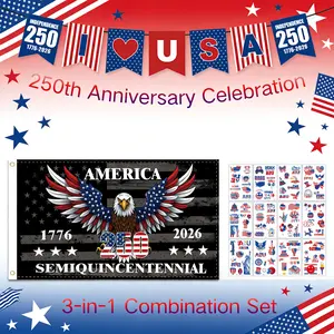 2026 4th of July 250th Anniversary Commemorative Decorations Kit - Polyester Patriotic Party Set with 1776-2026 Flag, Bunting Banner, Tattoos, Window Decor | Home & Festive Party Supplies