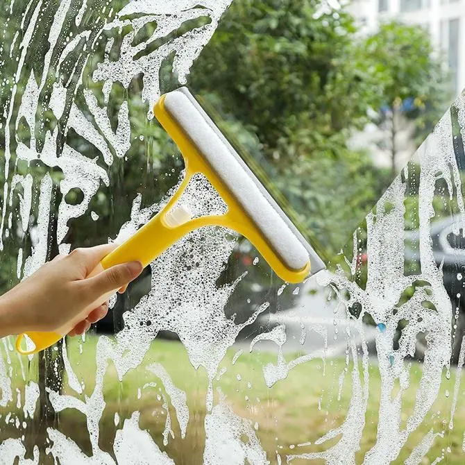 3-in-1 Window Cleaning Squeegee with Spray Bottle & Microfiber Scrubber - Lightweight, Streak-Free Glass Cleaner for Home, Car, Mirrors Easy to Clean Kit (Yellow, Blue)