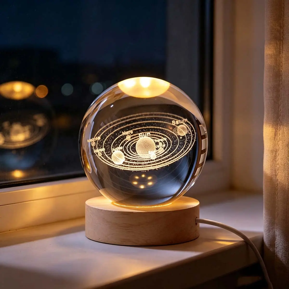 3D Laser-Etched Solar System Crystal Ball Night Light with Crystal Wood Base, Cosmic Theme LED Lamp for Indoor Use Ambient Lighting, Bedroom Decor & Gift