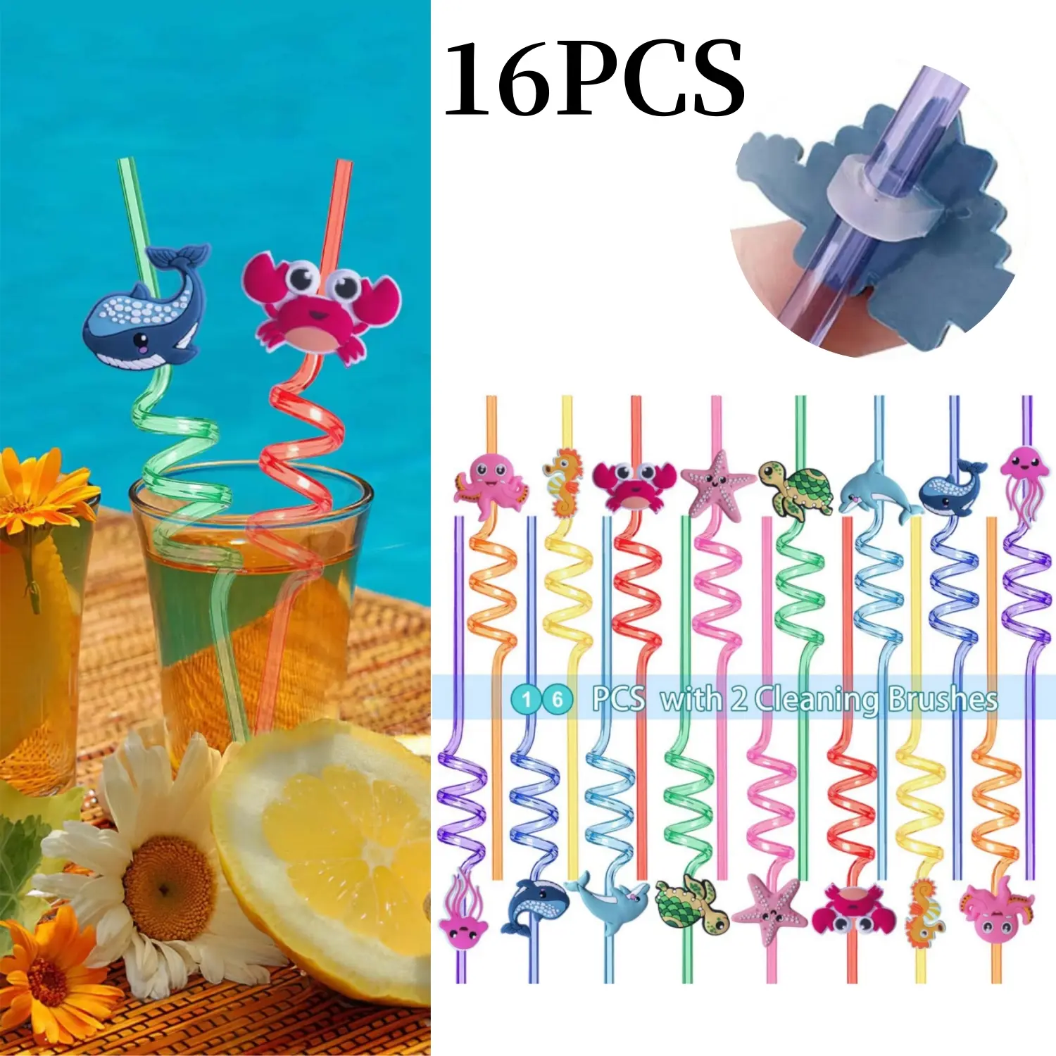 16pcs Sea Animal Sturdy Reusable Plastic Straws (10.2 inches/26cm) with 2 Cleaning Brushes, 8 Designs (Crabs, Turtles, Jellyfish, Starfish, Octopus, Dolphins) - Bar Utensils for Kids' Birthday Party, Family Gathering