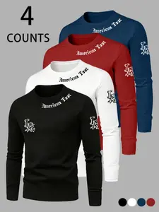 4-Piece Men's Casual Fashion Fitted Long Sleeve Loungewear Top Set, Letter Print Soft Comfort Essential for Spring & Autumn Wear