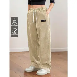Women’s straight corduroy pants with a drawstring elastic waistband, suitable for casual wear, sports, hiking, and spring and autumn seasons GARMENTARY