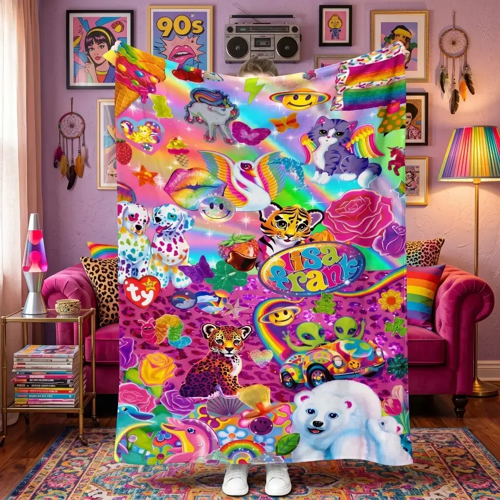 Lisa Frank Polyester Collage Flannel Blanket - Vibrant Playful Character Print, Soft & Warm Throw, 90s Nostalgic Design for Home Relaxation, Room Decor, Things for Rooms, 90S Cartoon Collage Blankets