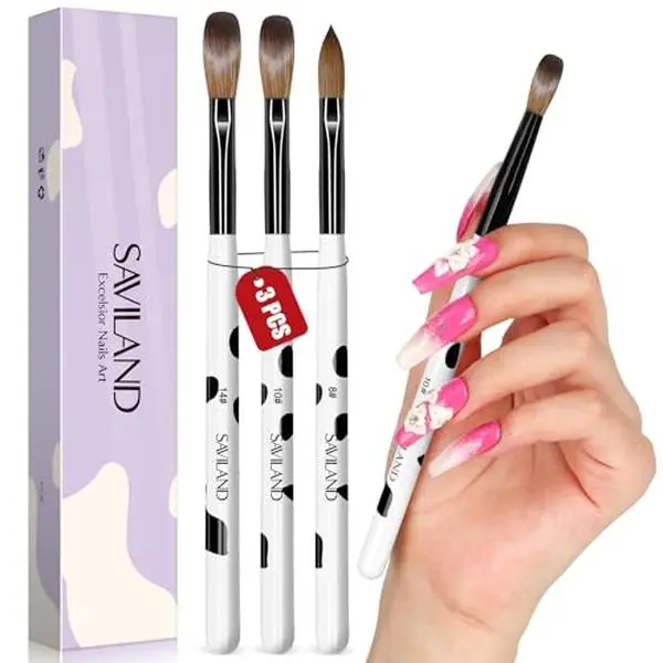 SAVILAND 3PCS Acrylic Nail Brush Set Size 8/10/14 Black & White | Kolinsky Acrylic Nail Brushes, for Acrylics Application, Acrylic Powder Nail Art Extension, for Beginner & Professional