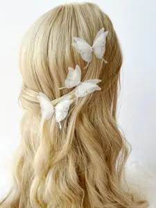 Ivory White SET: "Flower Girl" with crystals, Silk Organza Butterfly Hairpins, Butterfly Clips, Silk Butterfly Hair Clip, Butterfly Bride