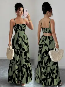 Women's Elegant Floral Leaf Print Slim-Fitting Midi Dress, Waist-Cropped Design, Perfect for Daily Wear & Special Occasions