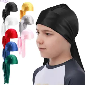 Kids Long‑Tail Glossy Fabric Lace‑Up Elastic Turban Head Wrap, European‑American Trendy Outdoor Headscarf, Lightweight Breathable Headwear, Ideal for Street Dance, Cycling Riding, Daily Outdoor Activities and Casual Sports Styling