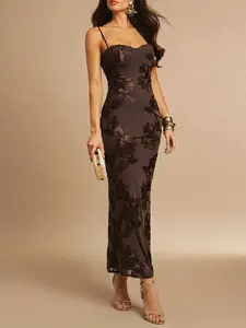 Women's Floral Slim Fit Long Dress, Thin Straps Heart Neck Formal Gown, Elegant Evening Wear, Perfect for Special Occasions
