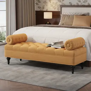 ARCH Modern Bedroom Bench,Bench for End of Bed,Velvet Upholstered Bench with 2 Detachable Pillows,Comfy Upholstered Footstool,Ottoman for Bedroom,Living Room, Entryway,Yellow