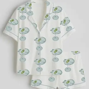 Women’s Seashell Martini Satin Pajama Set – Elegant Short & Long Sleeve Button-Up, Luxury Cocktail Print Sleepwear, Vacation & Bridal Party PJs