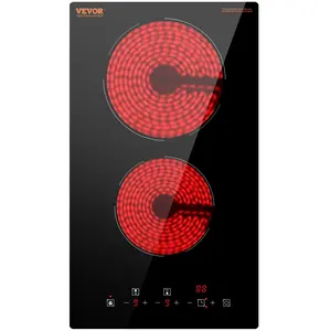 VEVOR Built in Electric Stove Top, 20 x 11.6 inch 2 Burners, 240V Glass Radiant Cooktop with Sensor Touch Control, Plug not includedTimer & Child Lock Included, 9 Power Levels for Simmer Steam Slow Cook Fry,