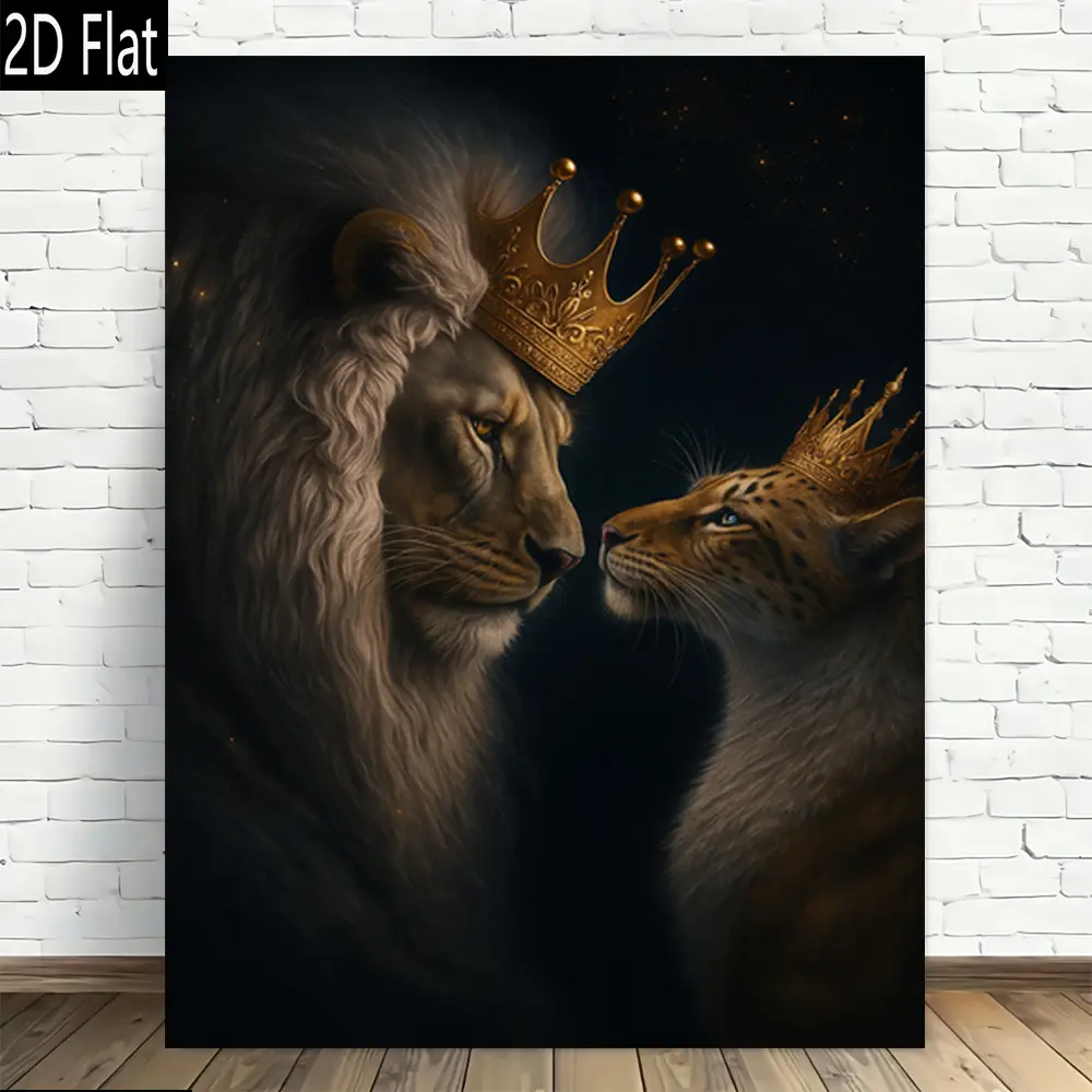 King Lion & Queen Leopard Canvas Wall Art - Wood-Framed/Unframed Black & Gold Regal Big Cat Print, Wildlife Artwork for Living Room Bedroom Home Decoration, Hanging Gift for Home Decor