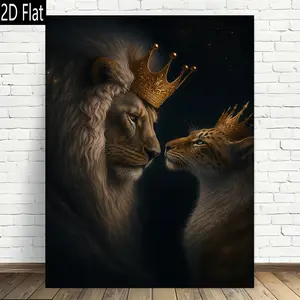2D Flat, 1pc Royal Lion King & Queen Crowned  Vertical Canvas Wall Art - Modern Retro Golden & Brown Lion Couple Painting, Dark Background Poster for Home Office, Bedroom, Living Room Decor - Elegant Lion King Inspired Wall Decorations, 2D Flat