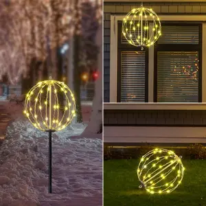 10IN 48LED Light Ball Yard Decoration Pathway Lights Sphere Light with Fold Flat Metal Frame Indoor Outdoor  Garden Lights, White Frame / Warm White Lights, 10