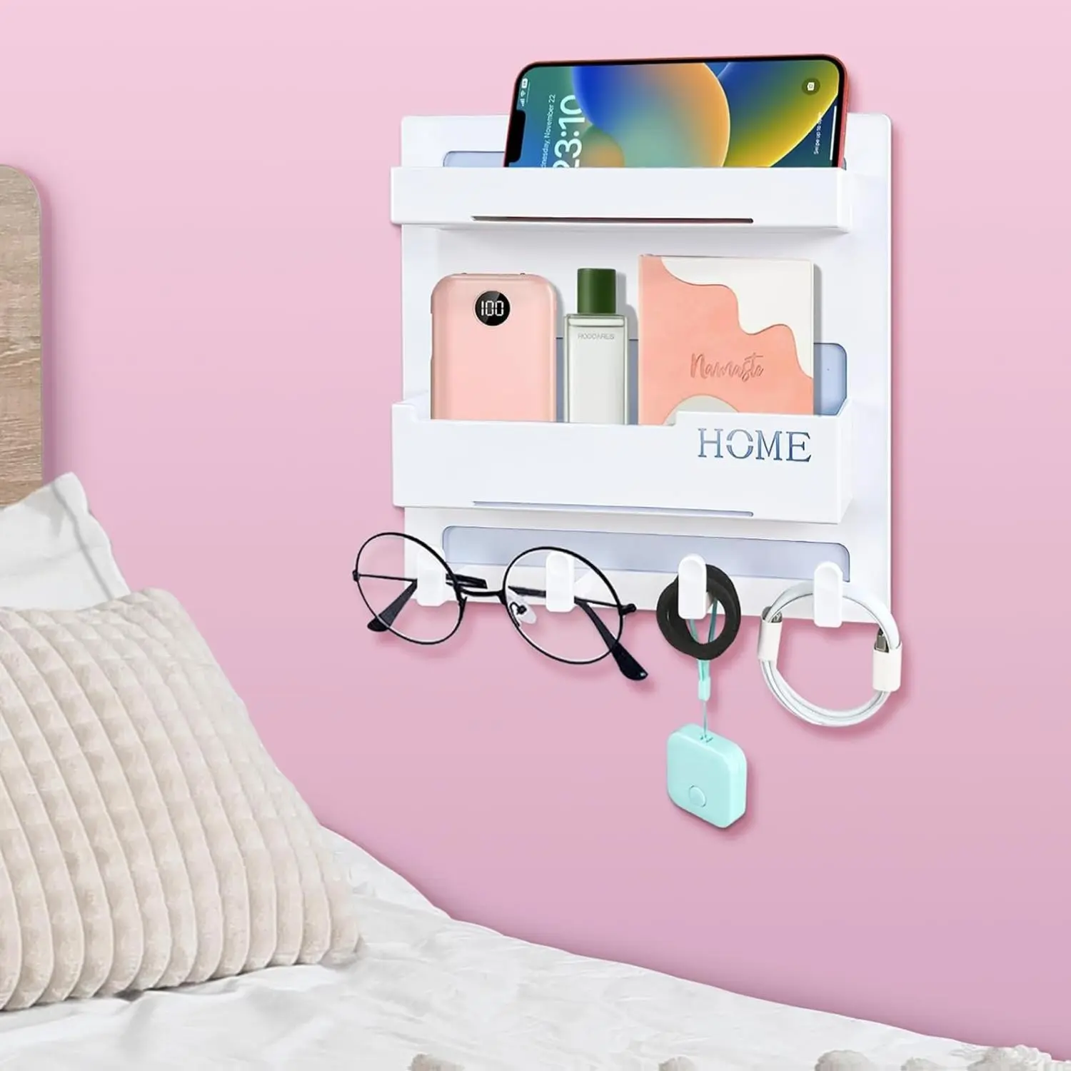 Floating Shelves for Bedside Shelf Accessories Organizer, Wall Mount Self Stick On, Cute Room Decor Aesthetic, Girls Room Decor, Cool Stuff For Bedroom Storage And Organization, Bedside Wall Organizer Hollow Installation