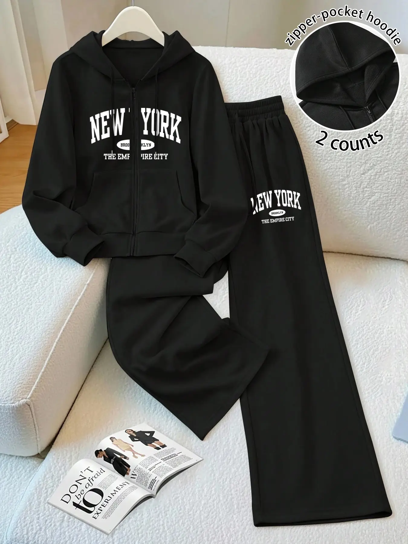 Women's Casual Long Sleeve Zip Hoodie Sweatshirt Set with Kangaroo Pocket, Drawstring Waist Pants, New York Letter Print, Fall & Winter Comfort, Outfit, Clothes