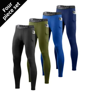 4-Piece Set with Pockets Compression Trousers Leggings Basketball High-Elastic Training Fitness Pants Running Sports Quick-Drying Base Stretchy High Waist for Athletes