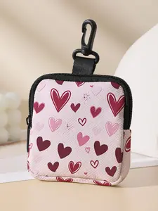 Heart Pattern Printed Coin Wallet, Multifunctional Storage Bag, Durable Polyester, Digital Printing, Key Card Holder, Ideal Gift, Valentine's Day