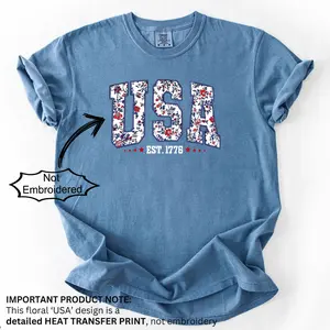 (FAUX EMBROIDERED-PRINT) Comfort Colors Floral USA Shirt, Digital Print, Not Embroidered, vinyl ink, Retro America Shirt, 4th Of July PNG, 4th Of July, Retro USA ,Soft Cotton, Unisex Fit, Classic Design Oversized Womenswear - HARSIN