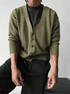 Spring Fall Winter Plain V-Neck Long Sleeve Fitted Cardigan, Casual Loose Fit Button Front Sweater Jacket for Men & Women