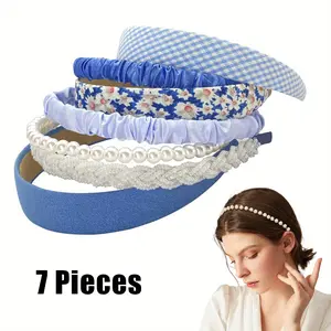 Pack of 7 Non Slip Fashion Headbands for Women | Different Styles, Flower, Pearl, Vintage Wide, Bandana Hair Accessories Set