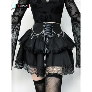 Women's Cross & Chain Decor Lace Skirt, Gothic?Lace Up Ruffle Trim Skirt for Party Holiday Vacation, Ladies Bottoms for All SeasonsGift