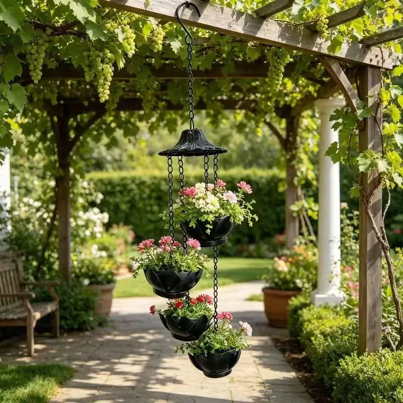 Four-Tier Hanging Planter Rack, Metal Basket, Hanging Bucket Pots, Hanging Flower Pots, Ideal for Indoor and Outdoor Garden Decor, Perfect for Courtyard Decoration, Decorative Garden Planter, Flower Planters