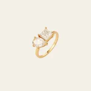 Moissanite Ring in 14K Gold - Wedding Engagement Ring with Natural Moissanite Stone, Featuring Two Stones and a Band - Anniversary Gift