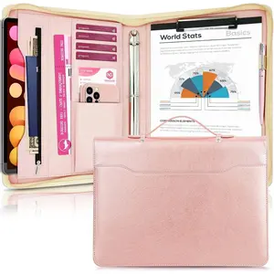 Faux Leather Portfolio Binder with Handle & Clipboard, Zippered Padfolio Folder Organizer 3 Ring Binder for Document, Business Card Holder, Professional Portfolio Notebook for Men & Women (Rose )