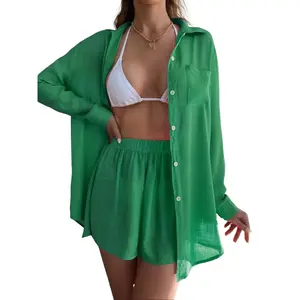 Women's Solid Button-Front Pocket Sheer Cover-Up Shirt & Shorts Set, Casual Fit Drop-Shoulder Long-Sleeve Top & Shorts for Beach Vacation, Ladies Summer Swimwear Clothes