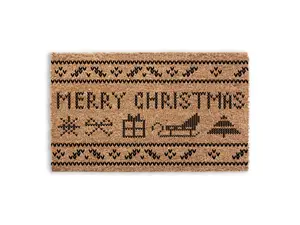 Merry Christmas Doormat Sweater Knit Font Coir Mat Outdoor Entryway Gift Decor Reindeer Boho Area Rug & Runner Rug Handcrafted Flocking Process Textured Vibrant Design